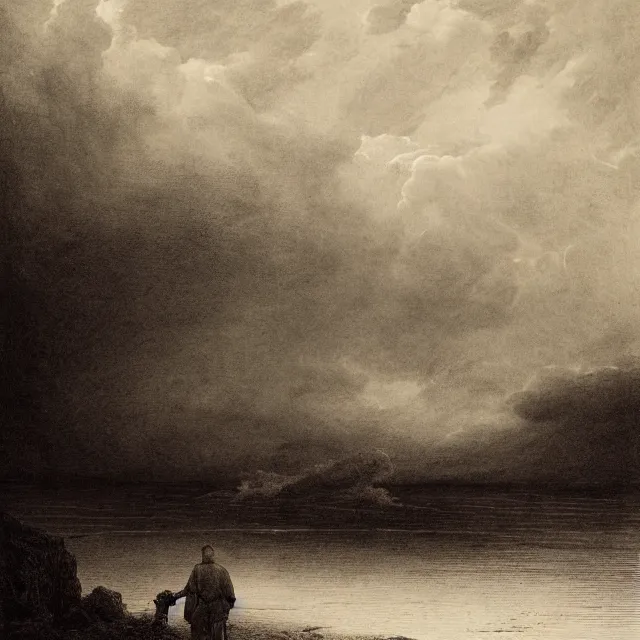 Image similar to an engraving of man in shorts standing in a shallow river by gustave dore, caspar david friedrich, foggy, depth, strong shadows, stormclouds, illuminated focal point, highly detailed