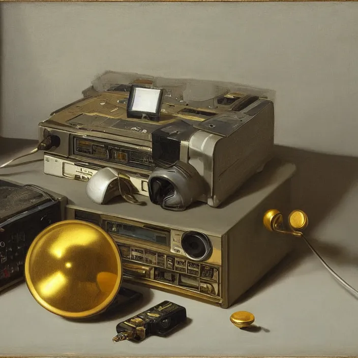 Image similar to still life painting of a retro electronics by pieter claesz, oil on canvas, strong lighting, highly detailed, hyper realism, golden hour, god rays, hd, 4 k