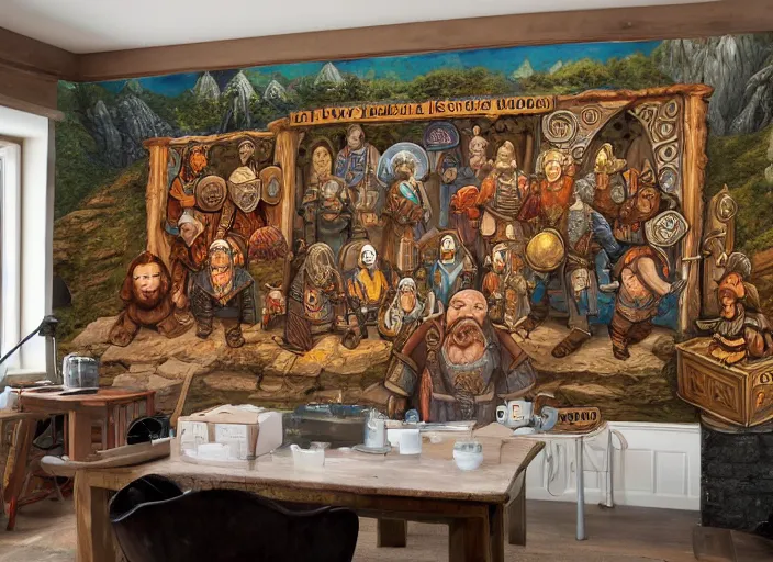 Prompt: dwarven mural depicting a family history of mountain dwarves. a large jewel is the focal point of the mural