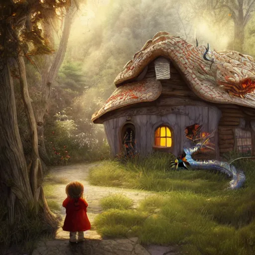 Prompt: hansel and gretel lakehouse dragon digital art, irina french, heraldo ortega, mandy jurgens golden ratio, art canvas, award winning, masterpiece trending on artstation 8 k 1 5 0 mpx