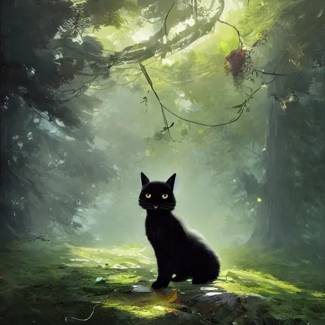 Image similar to a beautiful painting of a cute black cat in a forest. pixar character design by cory loftis, fenghua zhong, ryohei hase, ismail inceoglu and ruan jia. artstation, volumetric light, detailed, photorealistic, rendered in octane