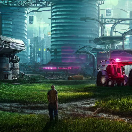 Image similar to fully detailed landscape of a cyberpunk farm underground , watertank, futuristic tractors, farmhouse, mushroom, overgrowth, Ai , Bots , drones , cinematic lightening, in the future, high quality, 8k , octane render, trending on artstation , greg rutowski