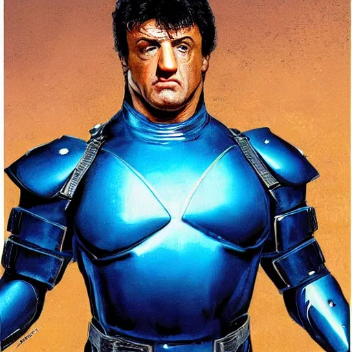 Image similar to sylvester stallone in blue metal cyber suit, art by bisley