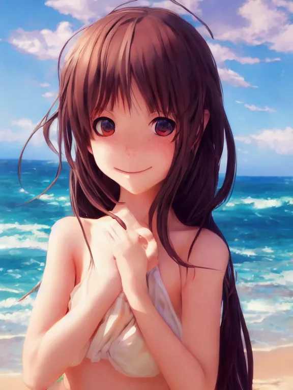 Prompt: A portrait of a smiling anime girl on the beach near the ocean, young child, medium shot, whole head, trending on artstation, by Stanley Artgerm Lau, WLOP, Rossdraws, James Jean, Andrei Riabovitchev, Marc Simonetti, and Sakimi chan, anime portrait, official anime artwork