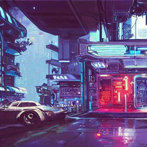 Image similar to detailed painting of a cyberpunk street with a fish tank, celestial ephemeral ornaments and hr giger architecture, artstation, syd mead, cinematic