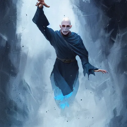 Prompt: a wizard young bald with no beard with blue skin with the nose of Voldemort, casting a powerful spell, painted by Greg Rutkowski, trending on ArtStation
