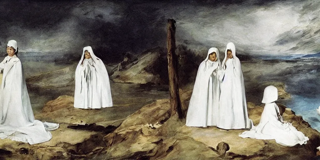 Image similar to hyperrealismBaptism on the river girls in white capes and death angels landscape in style of Goya