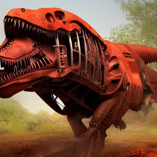Image similar to teleguided mechanical t-rex, photorealistic, 4k