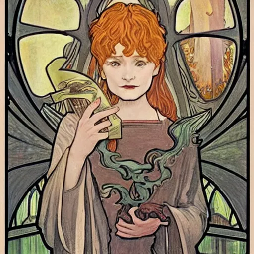 Image similar to harry potter, mucha style,