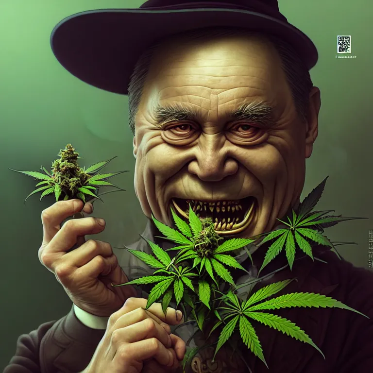 Image similar to a portrait of evil cannabis plant smoking premier francois legault illustrated by miyazaki by karol bak, james jean, tom bagshaw, rococo, sharp focus, trending on artstation, cinematic lighting, hyper realism, octane render, 8 k, hyper detailed, vivid, ultra detailed, highly detailed