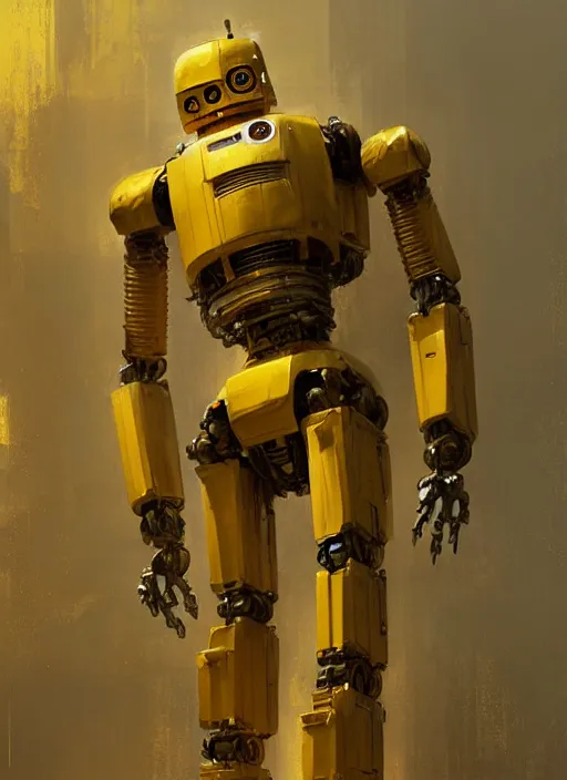 Image similar to human-sized strong intricate yellow pit droid, pancake short large head, cables, painterly humanoid mecha, by Greg Rutkowski