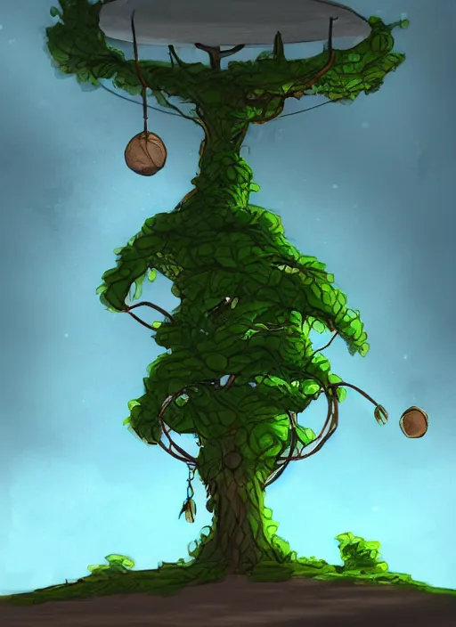 Image similar to a drawing of a tree with a flying saucer above it, concept art by senior environment artist, made of vines, artstation, environmental art, 2 d game art, concept art