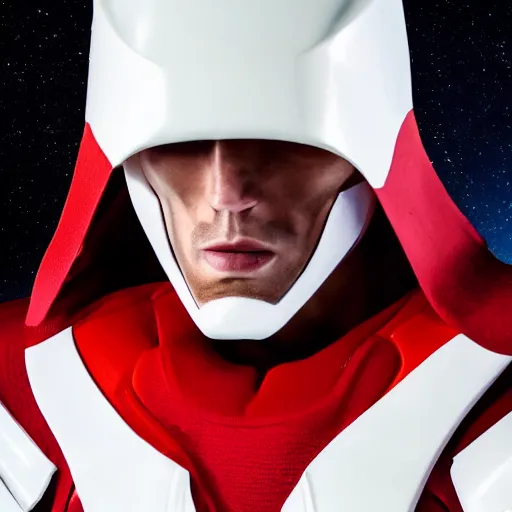 Prompt: portrait of a tall muscular infantry man in glossy sleek white armor with a few red details and a long red cape, heroic posture, deermined expression, on the surface of mars, night time, dramatic lighting, cinematic, sci-fi, hyperrealistic, movie still