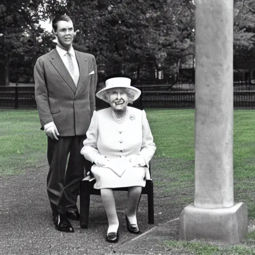 Image similar to a rabbit posing with Queen Elizabeth II in a park