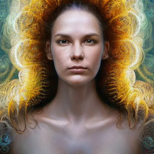 Prompt: perfectly centered portrait, beautiful fractal mushroom goddess, female, flowing hair, intense stare, sweet smile, symmetrical, concept art, intricate detail, volumetric shadows and lighting, realistic oil painting by alex grey
