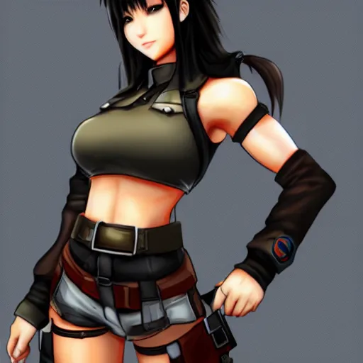 Image similar to high quality art of tifa lockhart wearing a soldier uniform, trending on artstation