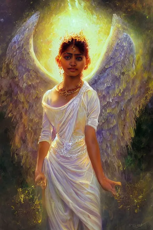 Image similar to Sri lankan girl as a winged angel covered in eyes with glowing halo, iridescent, seraphim, fantasy, intricate, elegant, highly detailed, digital painting, smooth, sharp focus, illustration,art by Daniel F. Gerhartz