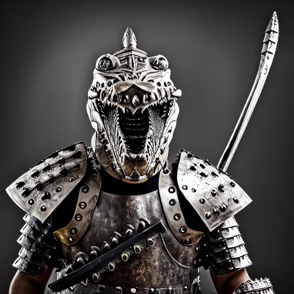 Image similar to photo of a warrior with metal crocodile theme armour, 4 k, hdr, smooth, sharp focus, high resolution, award - winning photo