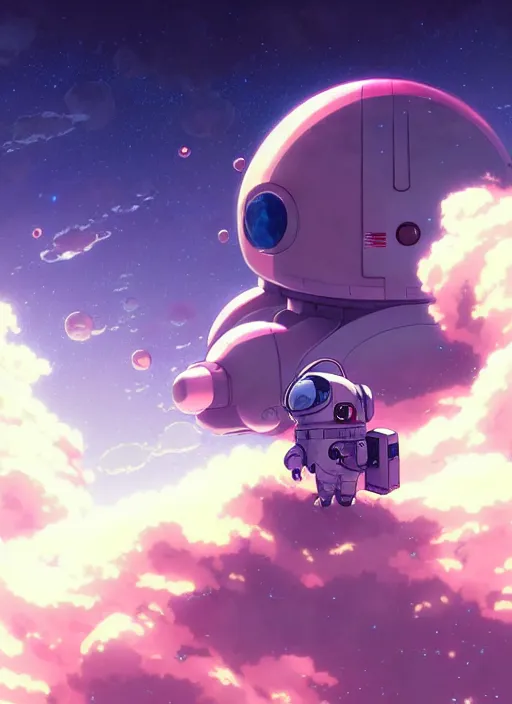 Image similar to portrait of cute kawaii astronaut android floating around a large biomechanical kaiju dragon, nebulous background of dynamic space, a dramatic composition by wlop and greg rutkowski and makoto shinkai and studio ghibli and kyoto animation