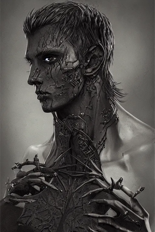 Image similar to portrait of beautiful young gothic man, warhammer, a lot of scars, the middle ages, highly detailed, artstation, illustration, art by max ernst, 8 k quality