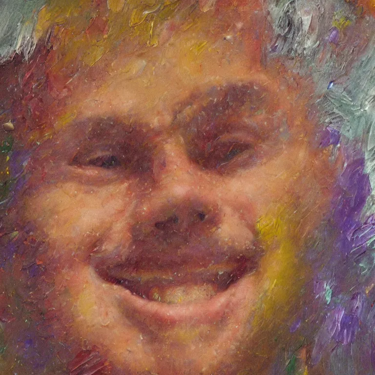 Prompt: Beautiful warmly lit close up studio portrait of young teenage Thanos sweetly smiling cute, impasto oil painting heavy brushstrokes by Cy Twombly and Anselm Kiefer , trending on artstation dramatic lighting abstract Expressionism