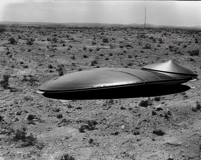 Prompt: a futuristic alien spacecraft, crashed in roswell, 1947, early black and white photo, yellowed with age, cdx