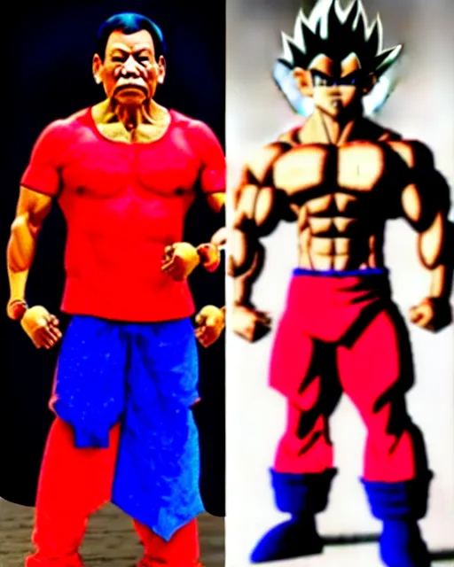 Prompt: rodrigo duterte, duterte as super saiyan in fighting pose with blonde spiky hair and body builder muscles and red pants, realistic