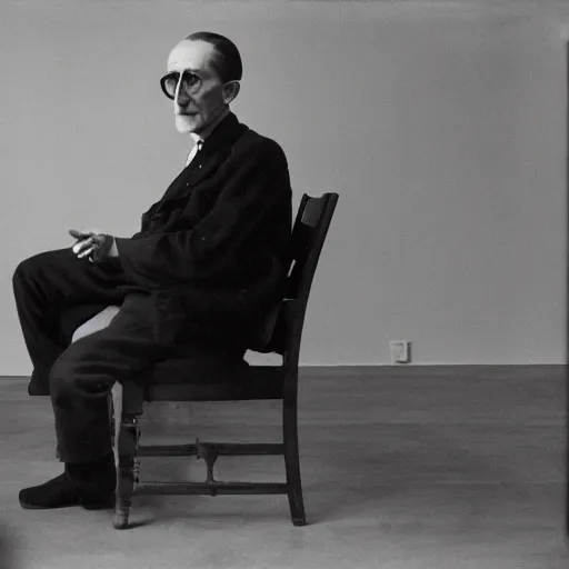 Image similar to underexposed photo of Marcel Duchamp in a room full with an ancient machine, tri-x, Irving Penn, Jeff Wall, archival pigment print, contemporary art