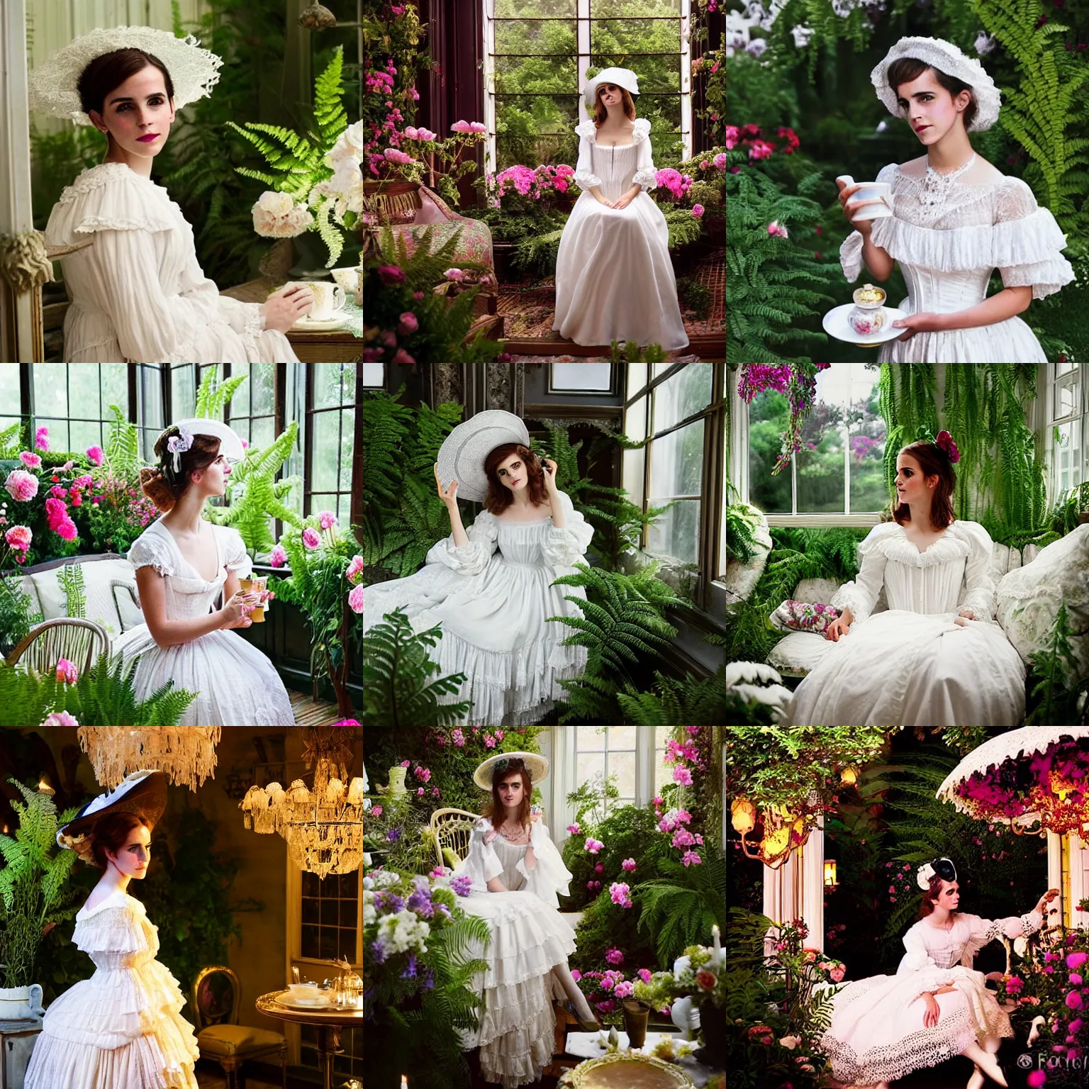 Prompt: film grain fantasy, glow, shimmer, emma watson as victorian woman in a long white frilly lace dress and a large white hat having tea in a sunroom filled with flowers, roses and lush fern flowers ,intricate, night, highly detailed, dramatic lighting , high quality