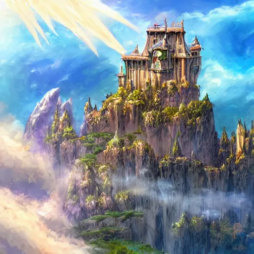 Image similar to a castle on a flying island, masterpiece, flying island in the sky, clouds background magic the gathering coloring style, epic fantasy style art, fantasy epic digital art, epic fantasy card game art