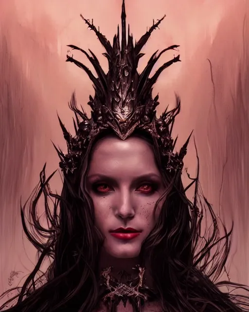 Image similar to portrait of an evil queen, dark magic, beautiful face, attractive young woman,heroic pose, full body, dramatic lighting, dark and horror, dust and blood, intricate, wild, highly detailed, digital painting, artstation, concept art, smooth, sharp focus, illustration, art by artgerm and greg rutkowski and alphonse mucha, footage from space camera