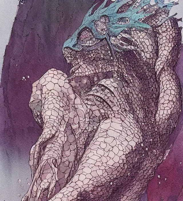 Image similar to a watercolor ink painting of a kaiju goddess of destruction hiding as a human in the style of jean giraud in the style of moebius trending on artstation deviantart pinterest detailed realistic hd 8 k high resolution