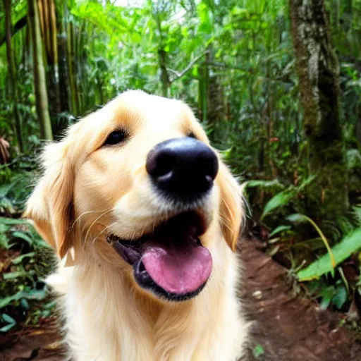 Image similar to selfie of a golden retriever dog showing tongue in front of a rainforest