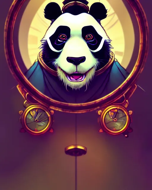 Image similar to don bluth, loish, artgerm, joshua middleton, steampunk, clockpunk anthropomorphic panda, full sailor suit, symmetrical eyes symmetrical face, colorful animation forest background