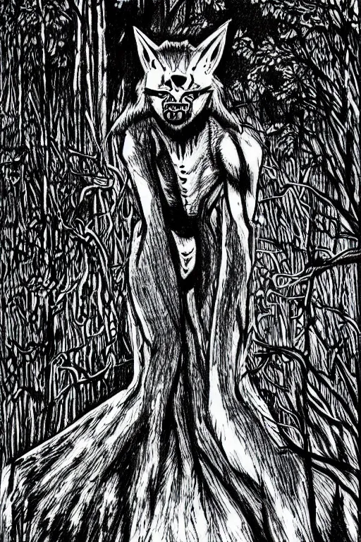 Image similar to a drawing of a werewolf in a forest, by junji ito