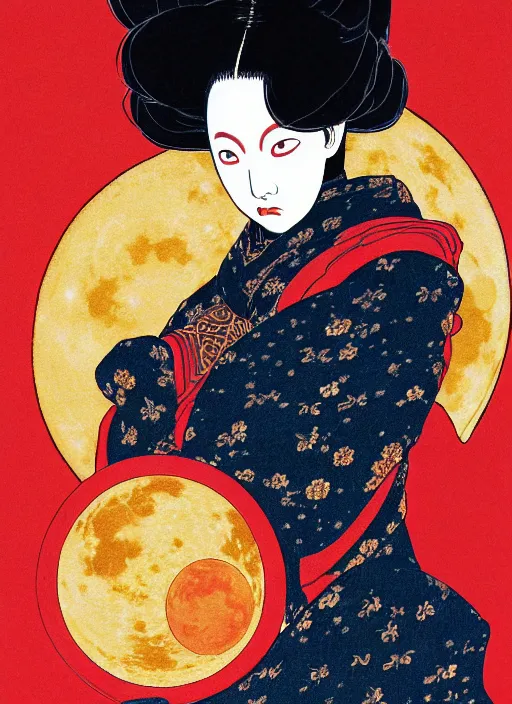 Image similar to portrait of a woman with a mask on his face in the form of a spiral in a golden kimono, full face, against the background of a bright red moon, sad motif, by hisashi eguchi, kentaro miura, and yoshitaka amano, soft colors, futuristic, 8 k