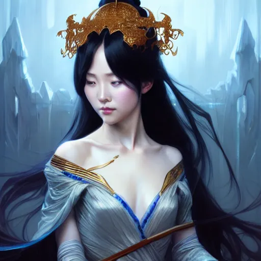 Prompt: Chinese beauty, D&D, blue eyes, black hair, fantasy, intricate, elegant, highly detailed, digital painting, artstation, concept art, smooth, sharp focus, illustration, art by artgerm and greg rutkowski and alphonse mucha