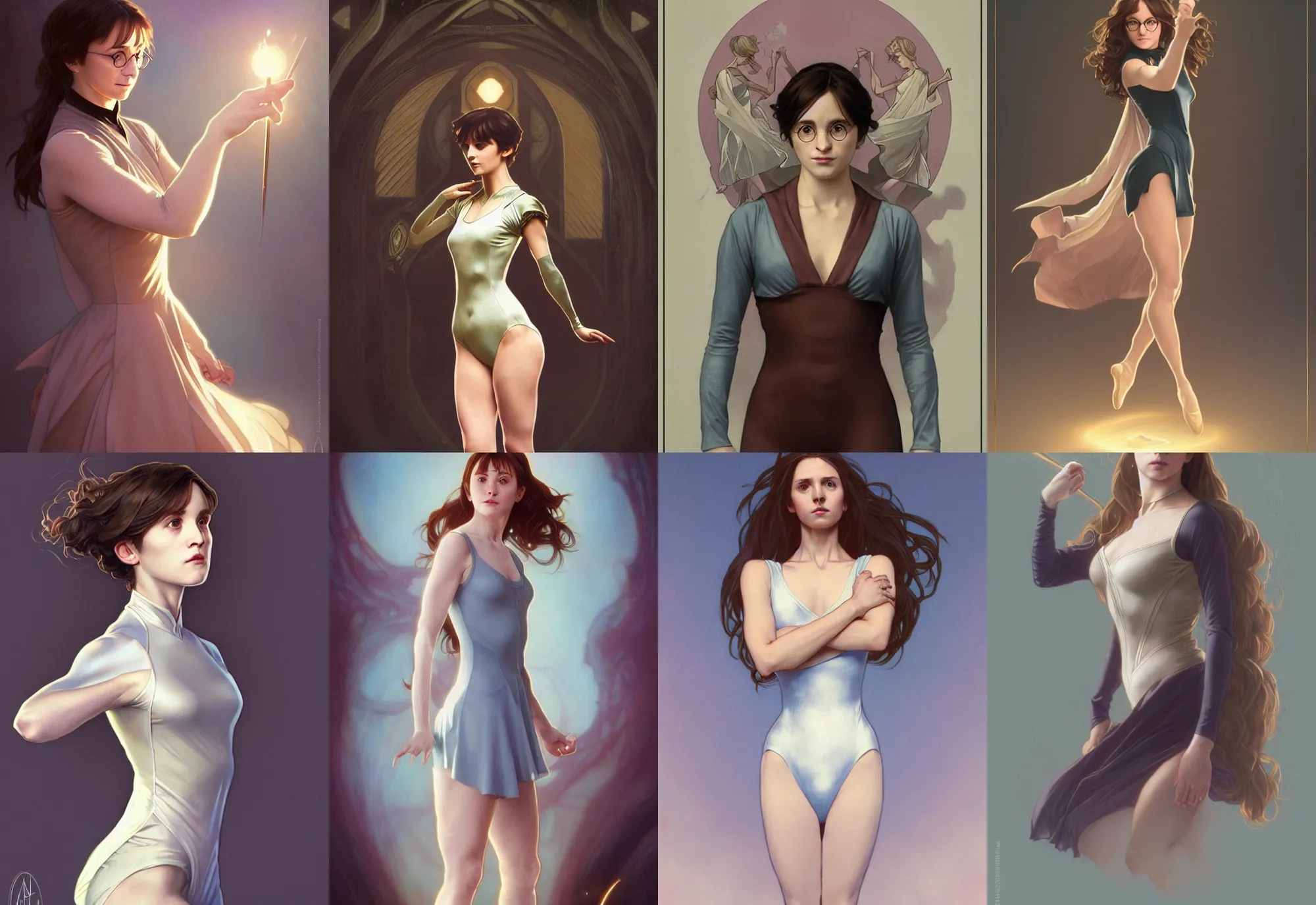 Prompt: full body portrait of female harry potter in elegant leotard portrait by artgerm and greg rutkowski and alphonse mucha, trending on artstation, cinematic light, pastel colors, volumetric shading, high radiosity dull skin, global illumination, radiant light, soft light, soft color dodge, subsurface scattering