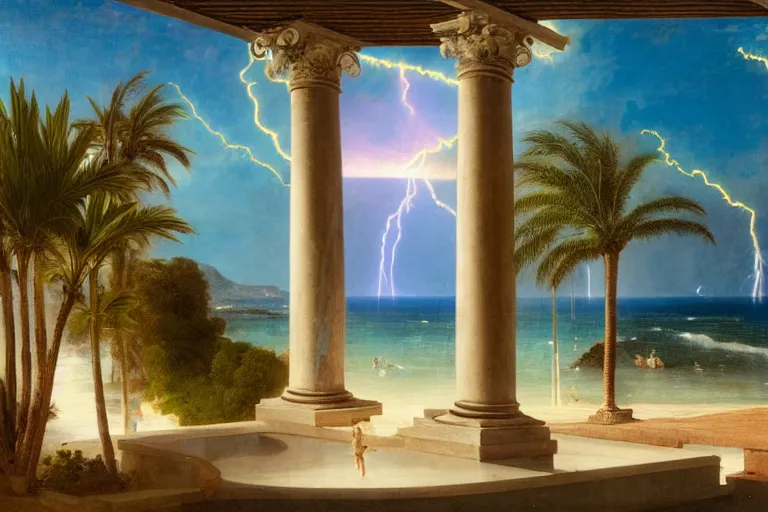 Image similar to mediterranean balustrade and columns, refracted lightnings on the ocean, thunderstorm, sun rays, greek pool, beach and Tropical vegetation on the background major arcana sky and occult symbols, by paul delaroche, hyperrealistic 4k uhd, award-winning, very detailed paradise