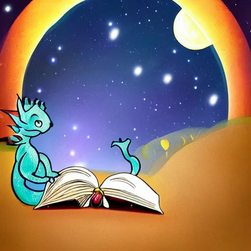 Image similar to cute dragon reading book under the stars, digital art