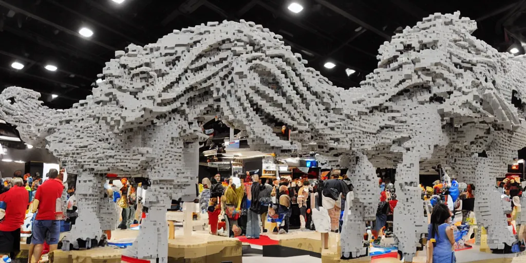 Image similar to wide shot lens photo of a very intricately detailed and epically shaped 3. 5 meter long tifa lockhart lego sculpture designed by a master builder as displayed at a lego convention, low angle shot.