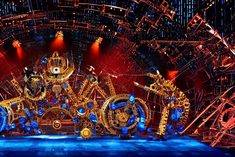 Image similar to stage from the show america got talent, on stage are 4 golden and blue metal humanoid steampunk robots dancing, robots are wearing gears and tubes, eyes are glowing red lightbulbs, shiny crisp finish, 3 d render, 8 k, insaneley detailed, fluorescent colors, nightlight