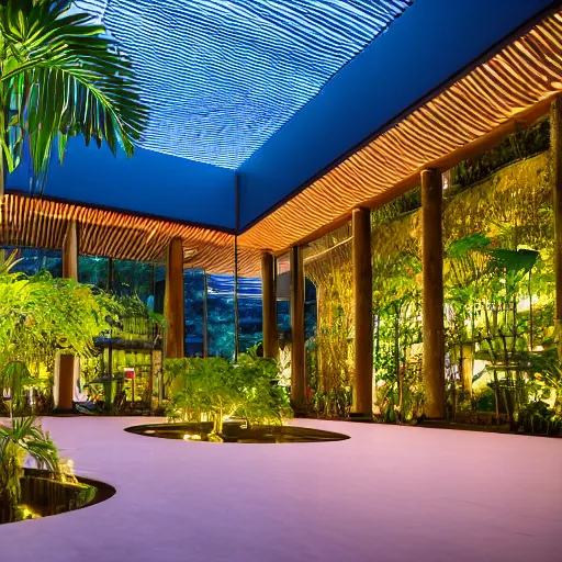 Image similar to The atrium of a refurbished contemporary building filled with tropical plants and lush swimming pool, project by Kengo Kuma, blue hour, cinematic, 4k