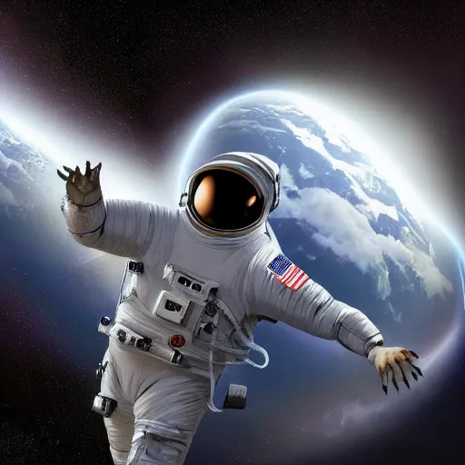 Prompt: a hyper realistic digital painting of a dinosaur in an astronaut suit in space