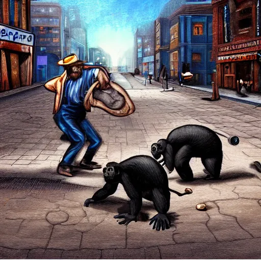 Image similar to an image of a steamroller that's about to run over a chimpanzee that's picking up pennies in a city street, dramatic lighting, highly detailed digital painting