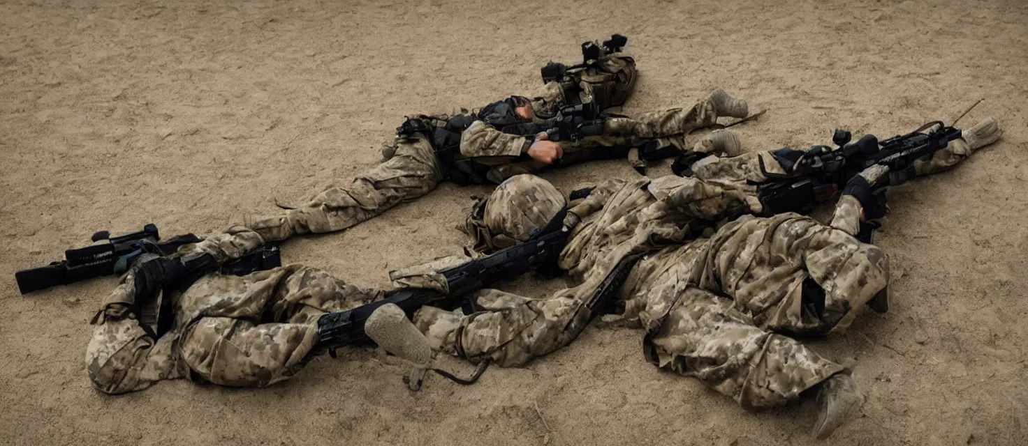 Image similar to future soldier laying down with sniper rifle ready to shoot enemy
