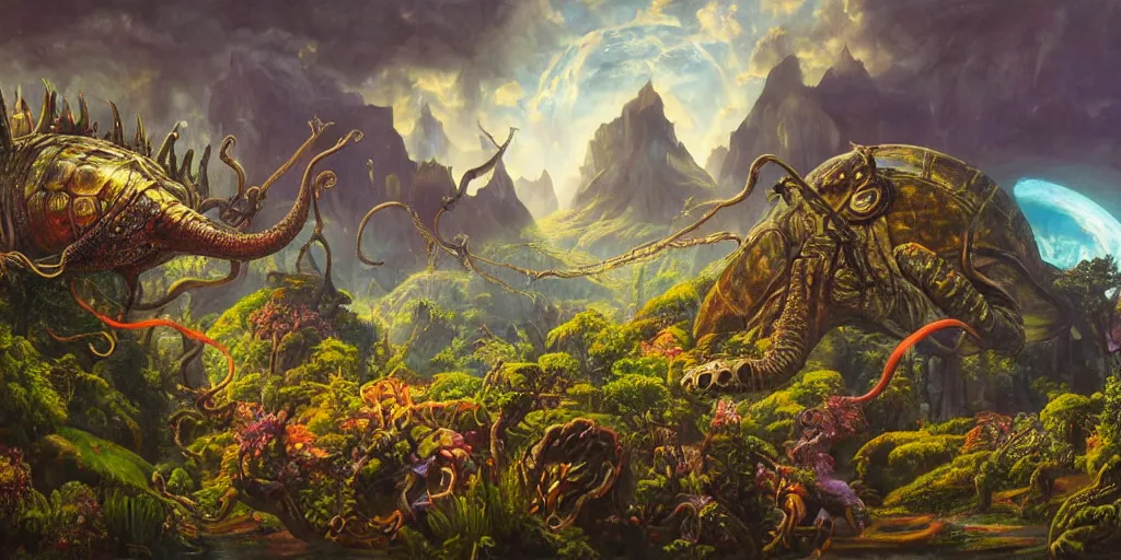 Image similar to fantasy oil painting, great leviathan, cybernetic turtle cephalopod terrapin reptilian pachyderm squid, bella hadid, hybrid, milla jovovich, anubis, epic natural light, lush plants flowers, spectacular mountains, bright clouds, luminous sky, outer worlds, golden hour, michael cheval, edward hopper, michael whelan, vray, hd