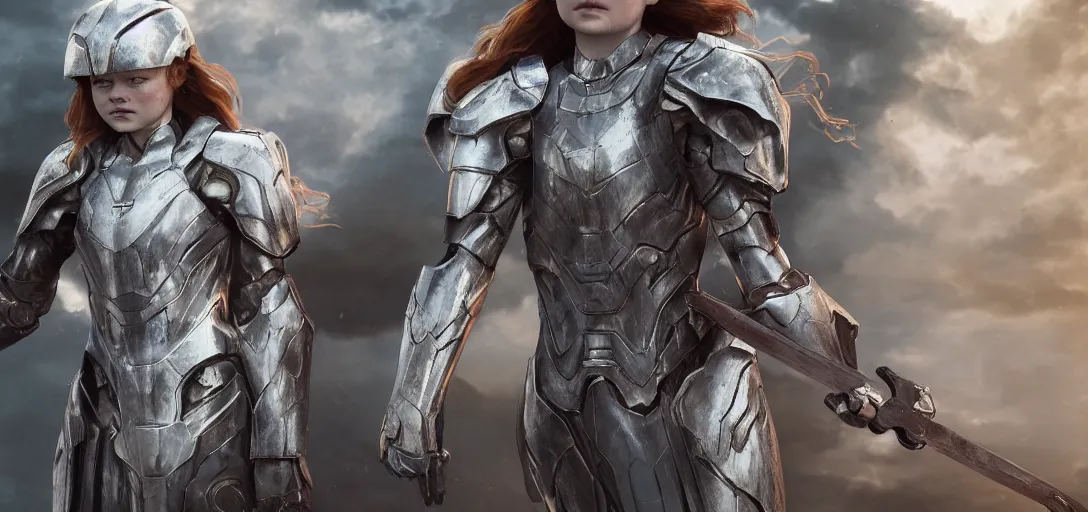 Prompt: character sheet concept art of sadie sink in white mjolnir halo armor, realistic, hyperrealistic, photographic, costume, wlop, dan mumford, greg rutkowski, high detail, octane render, alexander mcqueen, james gurney, james jean, mucha, photo, 8 k, intricate