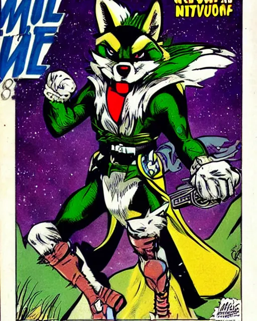 Prompt: 8 0 s comic book cover featuring the villain anthropomorphic anthro wolf o'donnell from starfox, wearing a dark space mercenary uniform, art by george perez