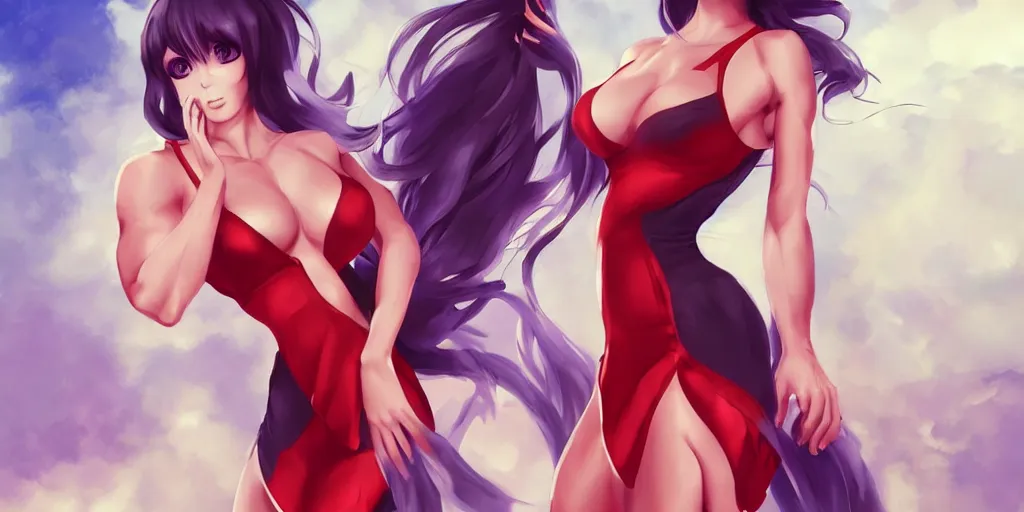 Image similar to beautiful muscular fitness model wearing qipao dress, digital painting, anime style, Artstation, by Artgerm,